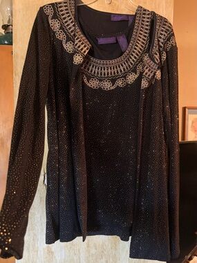 Black Sparkle Tunic Top with Gold Embroidered Neckline